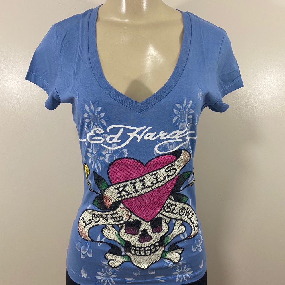 Ed Hardy Women Love Kills Slowly Blue Shirt V Neck